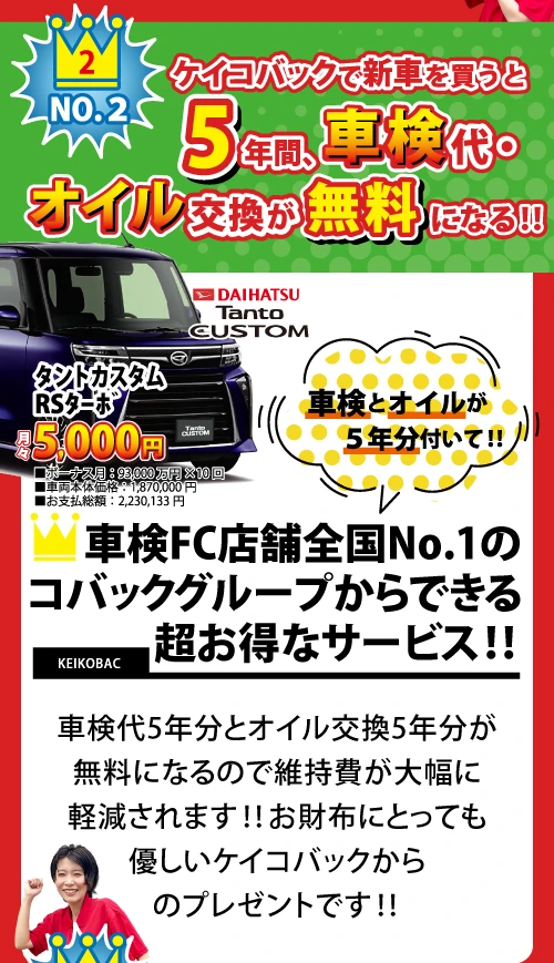 ケイコバックで新車を買うと5年間、車検代・オイル交換が無料になる!!